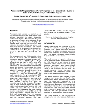 Más sobre Evaluación del Impacto de Algunos Vertederos de Residuos en la Calidad del Agua Subterránea en Partes del Área Metropolitana de Akure